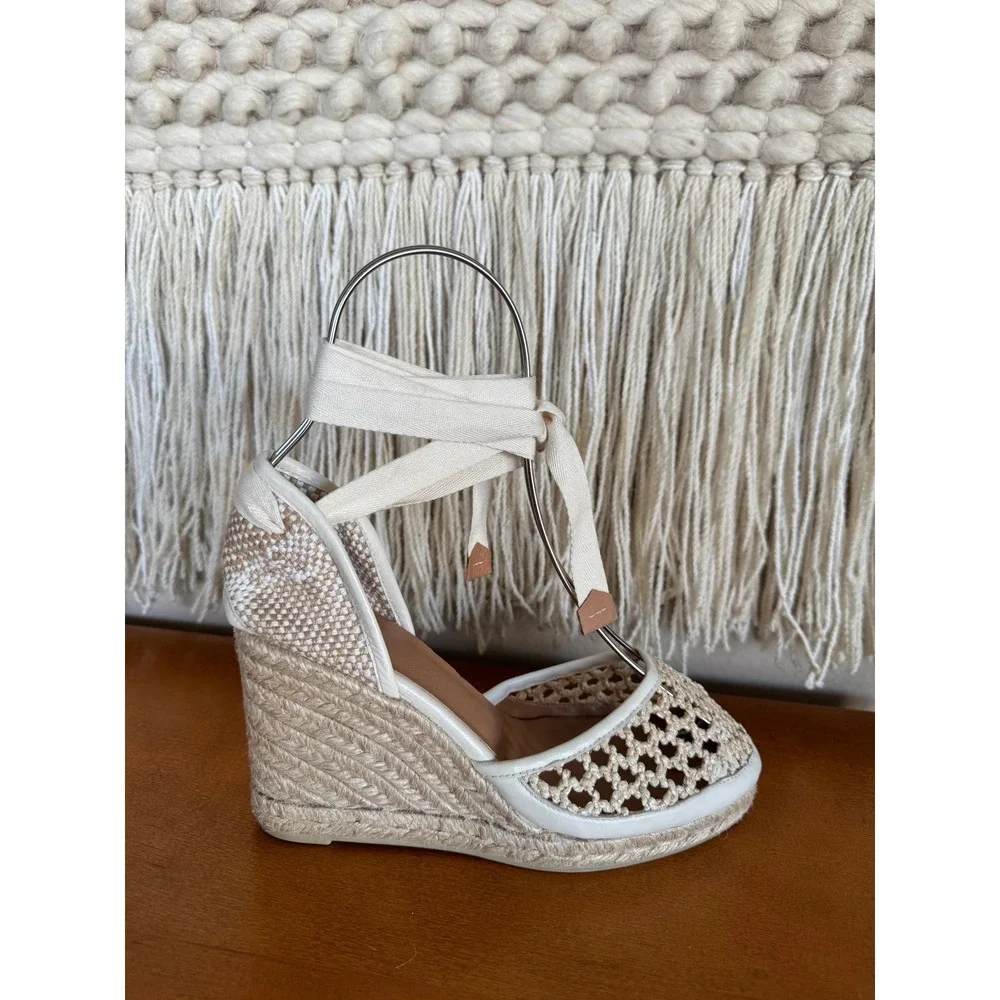 Castaner Carola Beige Jute Ankle Wrap Espadrille Platform Wedge Sandal Size 6